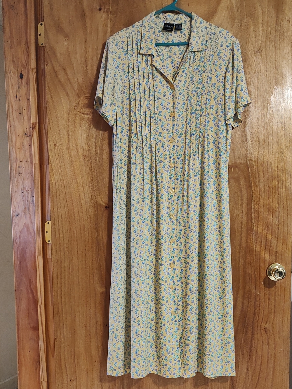 90s Vintage Erika Dress Yellow Purple Floral Short Sleeve Pintuck Cottagecore XL